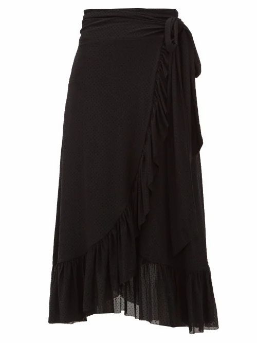 Ganni - Flocked Dot-print Ruffled Mesh Wrap Skirt - Womens - Black