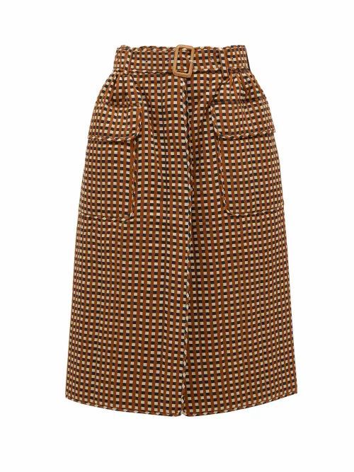 Preen By Thornton Bregazzi - Madera Belted Checked Twill Skirt - Womens - Brown Multi