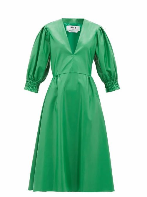 MSGM - V-neck Faux-leather Midi Dress - Womens - Green