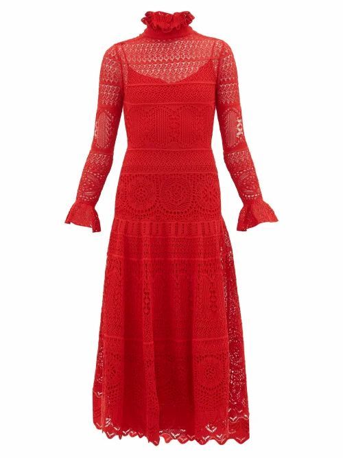 Alexander Mcqueen - Crocheted Lace Panelled Midi Dress - Womens - Red