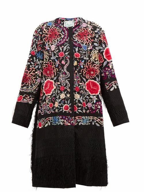 By Walid - Tanita Piano Shawl Floral-embroidered Silk Coat - Womens - Black Multi