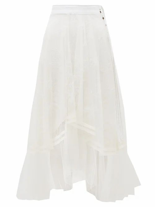 Chloé - Asymmetric Chantilly-lace And Silk-crepe Skirt - Womens - White