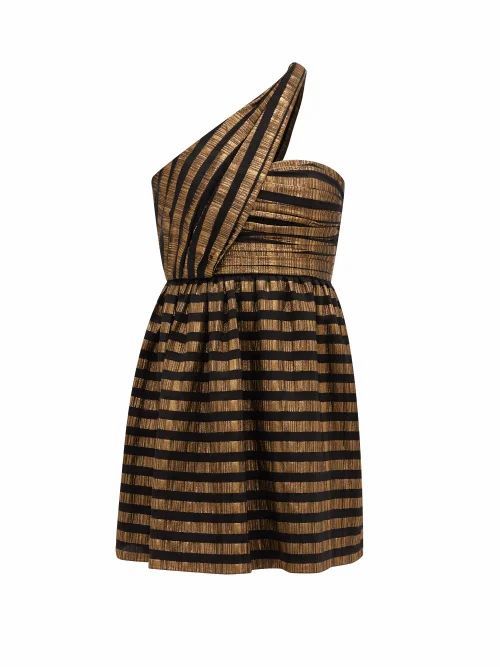 One-shoulder Striped Lamé Silk-blend Dress - Womens - Black Gold