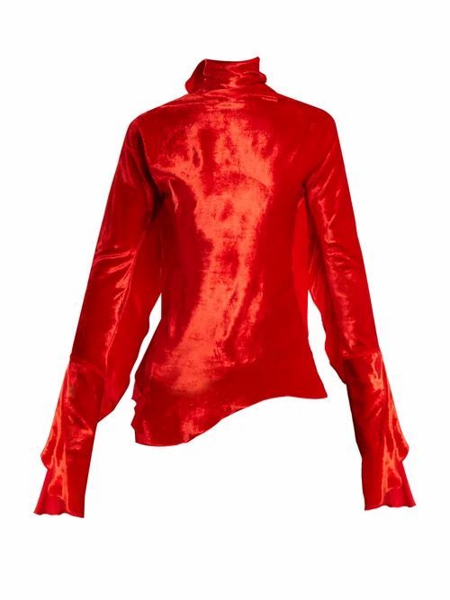 Paula Knorr - Relief Waterfall-ruffled Silk-blend Velvet Top - Womens - Red
