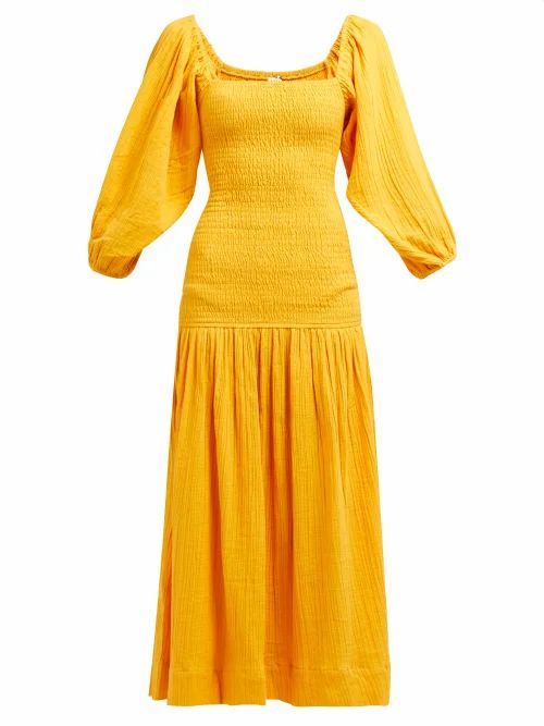 Rhode - Harper Shirred Cotton-gauze Midi Dress - Womens - Yellow