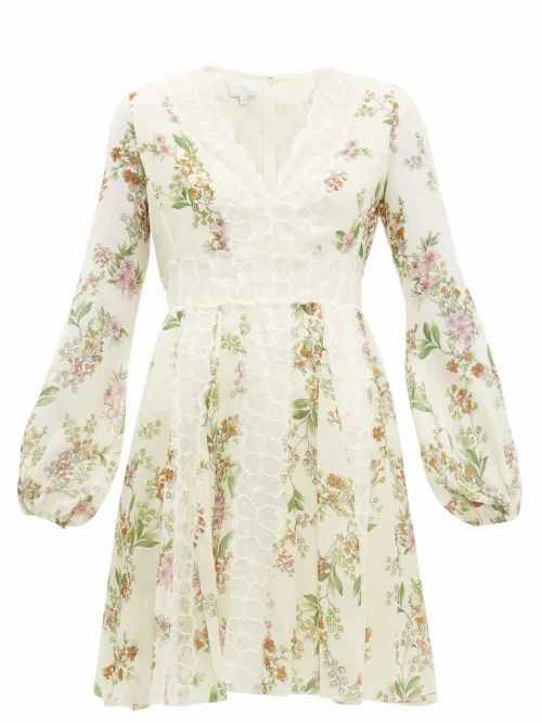 Floral-print Lace-insert Silk Dress - Womens - Ivory Multi