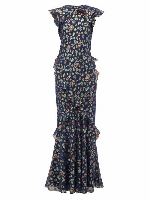Saloni - Tamara Floral-jacquard Silk-blend Maxi Dress - Womens - Navy Multi