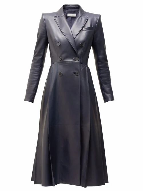 Alexander Mcqueen - Double-breasted Pleated Leather Coat - Womens - Navy