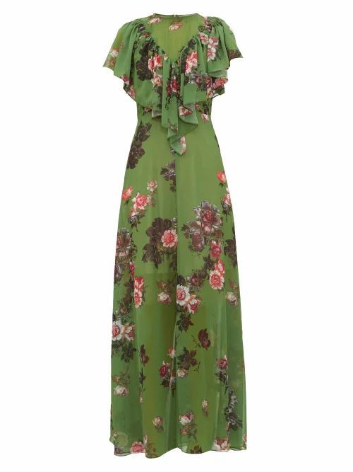 Preen By Thornton Bregazzi - Irisa Gathered Floral-print Georgette Maxi Dress - Womens - Green Multi