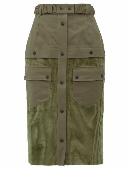 Symonds Pearmain - High-rise Patch-pocket Corduroy Pencil Skirt - Womens - Khaki