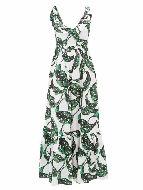 Borgo De Nor - Liya Leaf-print Tie-back Ruffled Cotton Dress - Womens - Green White