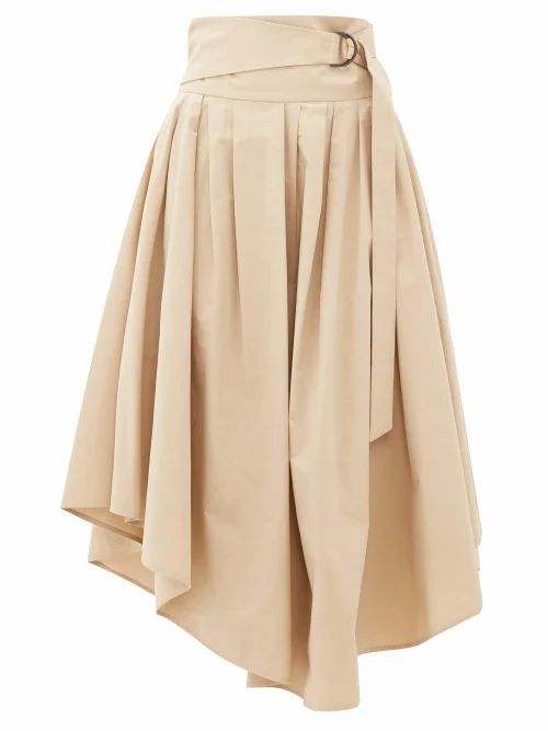 Brunello Cucinelli - Belted Cotton-poplin Midi Skirt - Womens - Beige