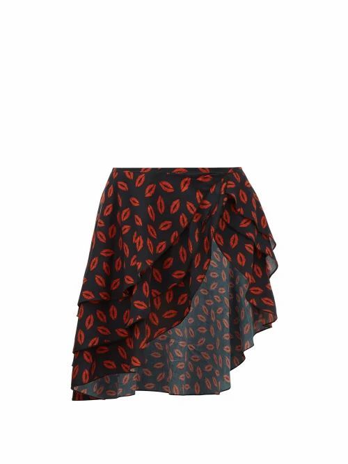 Leslie Amon - Maya Lip-print Cotton Wrap Skirt - Womens - Red Print