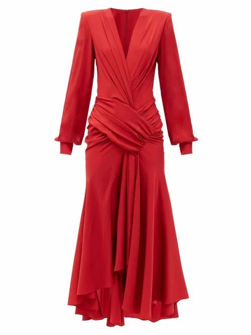 Plunge-neck Ruched Silk-blend Jersey Dress - Womens - Red