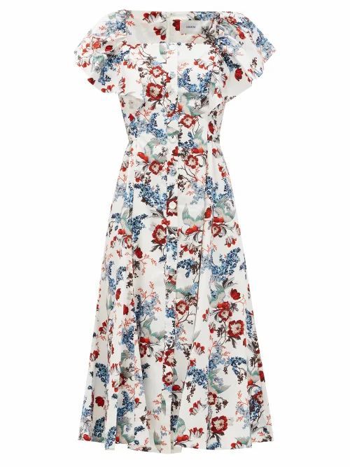 Erdem - Maudie Ruffled Bird Blossom-print Cotton Dress - Womens - White Print