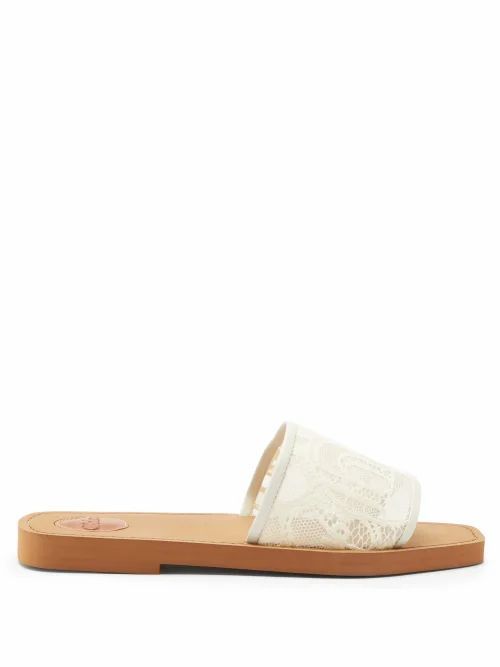 Chloé - Woody Logo-lace And Leather Slides - Womens - Beige