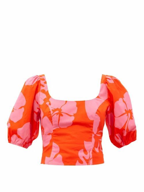 Staud - Papaya Hibiscus-print Cotton-blend Poplin Top - Womens - Red Print