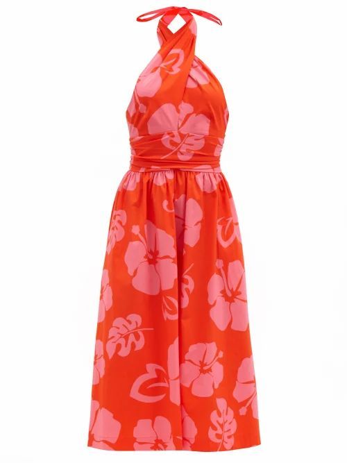 Moana Floral-print Cotton-blend Halterneck Dress - Womens - Red Print
