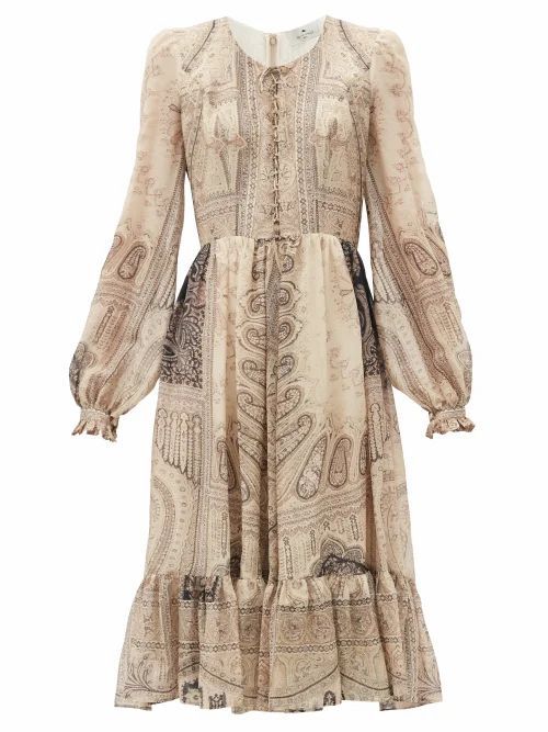 Lace-up Paisley-print Silk-blend Dress - Womens - Beige Multi
