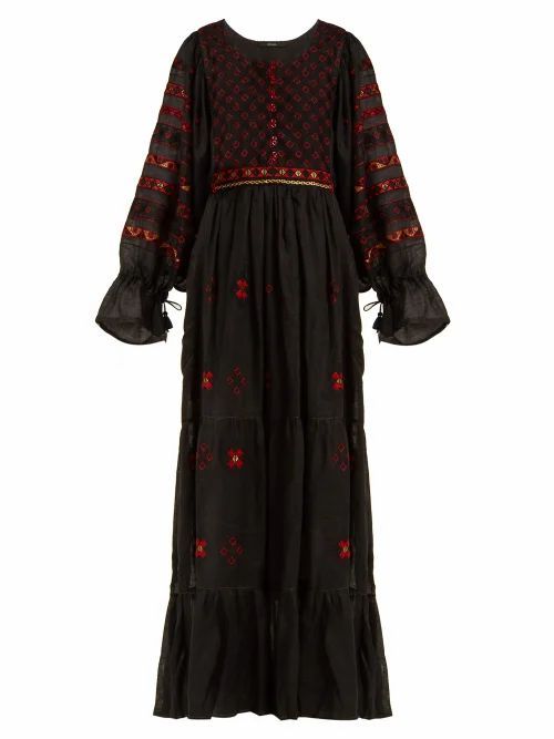 Vita Kin - Geometric-embroidered Linen Dress - Womens - Black Multi