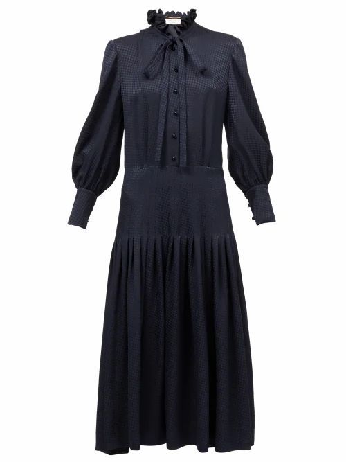 Saint Laurent - Pussy-bow Houndstooth-jacquard Shirt Dress - Womens - Navy