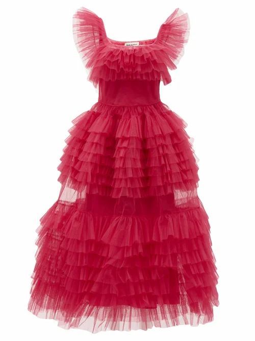 Pascale Frilled Tulle Midi Dress - Womens - Pink