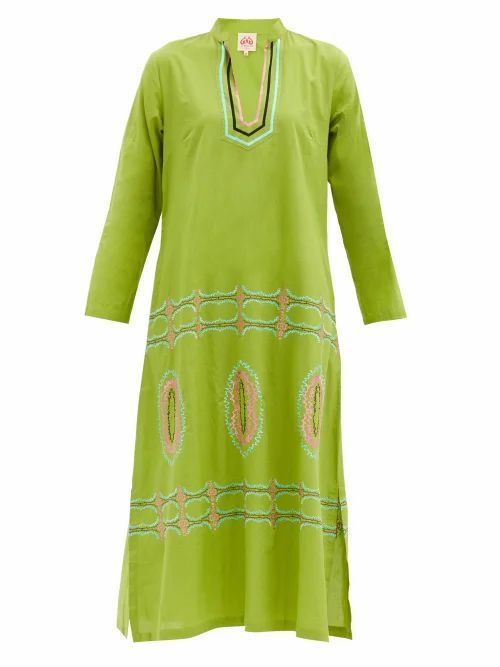 Le Sirenuse, Positano - Malika Bubble Gum-embroidered Cotton Tunic Dress - Womens - Green Print