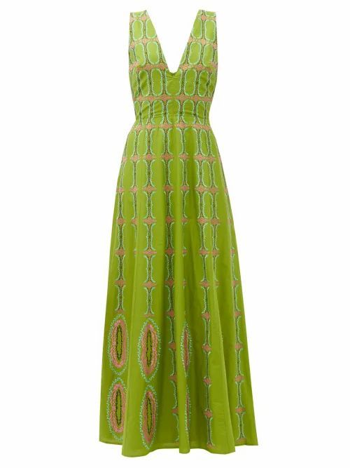 Le Sirenuse, Positano - Nellie Bubble Gym-embroidered Cotton Maxi Dress - Womens - Green Multi
