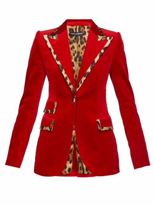 Dolce & Gabbana - Leopard-print Trim Single-breasted Velvet Blazer - Womens - Red