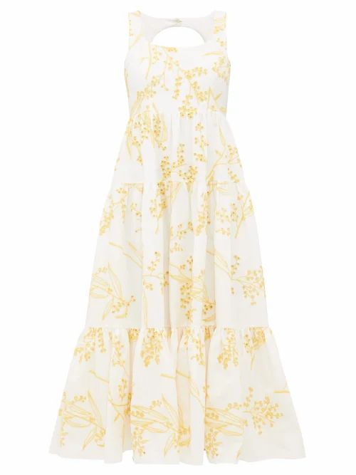 Aje - Mimosa Tiered Broderie-anglaise Cotton Midi Dress - Womens - Yellow White