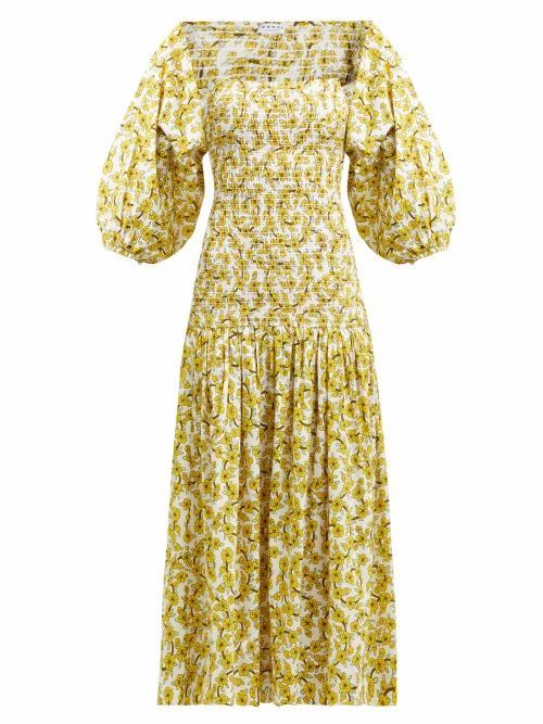 Rhode - Harper Shirred Floral-print Cotton Midi Dress - Womens - Yellow Print