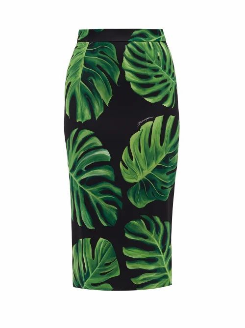 Dolce & Gabbana - Leaf-print Silk-charmeuse Skirt - Womens - Black Green