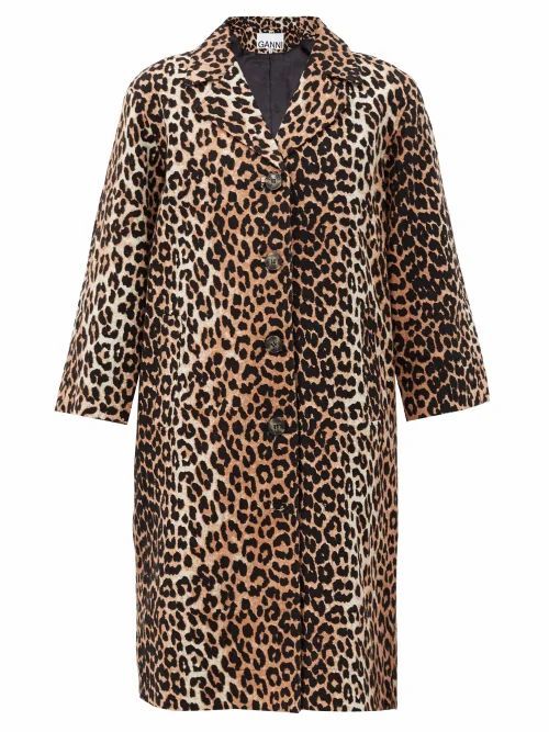 Ganni - Single-breasted Leopard-print Linen-blend Coat - Womens - Leopard