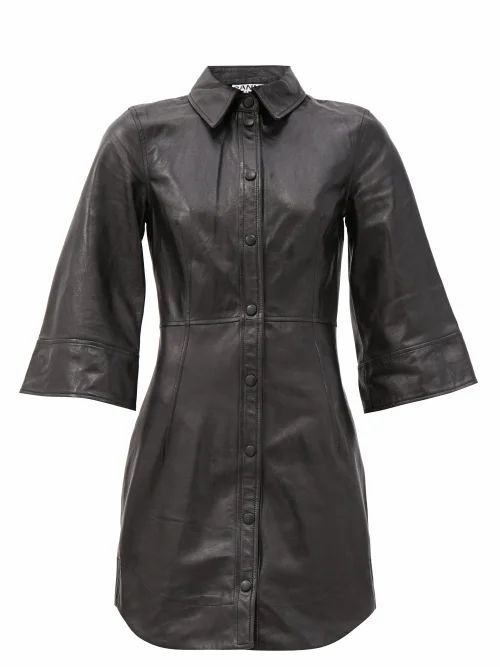 Ganni - Bell-sleeve Leather Mini Dress - Womens - Black