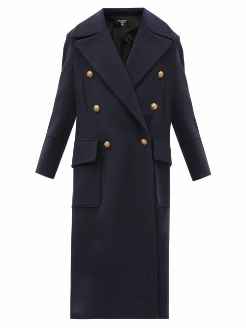 Balmain - Oversized Double-breasted Wool-blend Coat - Womens - Navy