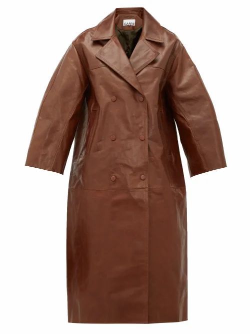 Ganni - Cropped-sleeve Double-breasted Leather Trench Coat - Womens - Brown