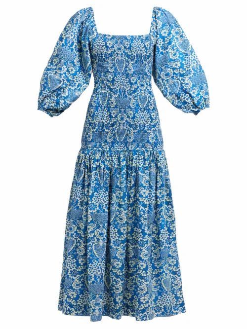 Harper Shirred Floral-print Cotton Midi Dress - Womens - Blue Print