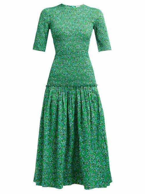 Rhode - Zola Shirred Floral-print Cotton Midi Dress - Womens - Green Print