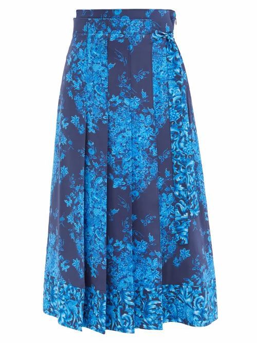 Valentino - Pleated Delft-print Silk-crepe Midi Skirt - Womens - Navy
