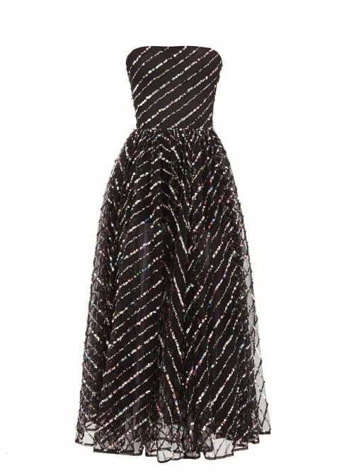 Rasario - Strapless Sequinned Tulle Midi Dress - Womens - Black
