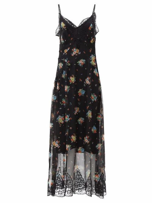 Lace-trim Floral-print Chiffon Dress - Womens - Black Print