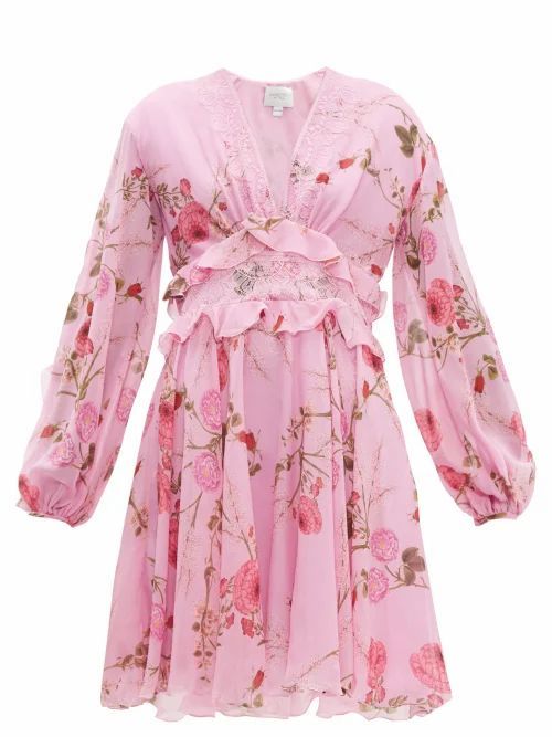 Giambattista Valli - Peony-print Lace-trim Silk-georgette Dress - Womens - Pink Print