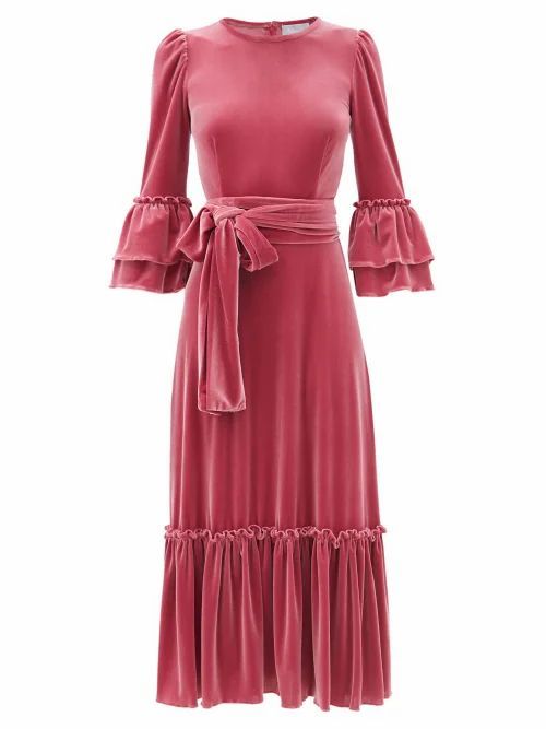 Tie-waist Ruffled Velvet Midi Dress - Womens - Pink