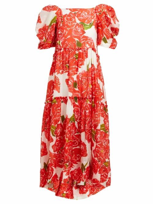 Rhode - Aurora Rose-print Voile Midi Dress - Womens - Red White