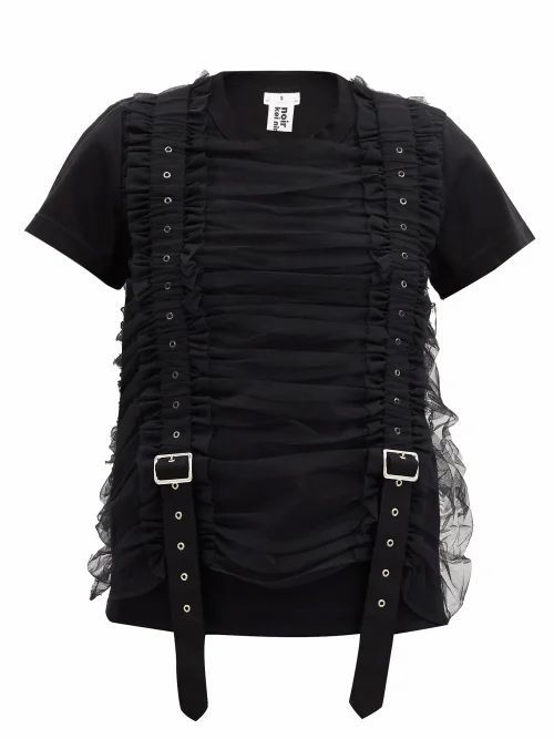 Noir Kei Ninomiya - Ruched-tulle Strapped Cotton T-shirt - Womens - Black