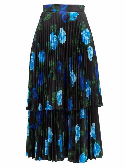 Richard Quinn - Tiered Floral-print Satin Midi Skirt - Womens - Blue Print