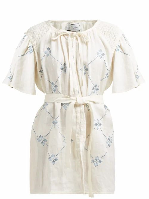 Innika Choo - Geometric-embroidered Linen Mini Dress - Womens - Cream