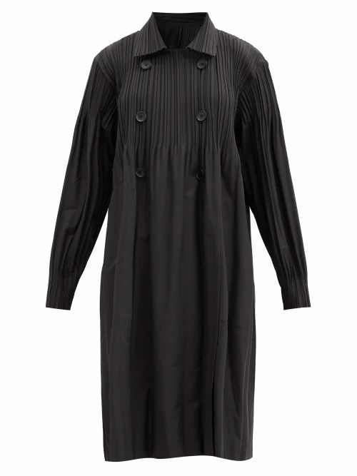 Pleats Please Issey Miyake - Double-breasted Technical-pleated Jersey Coat - Womens - Black