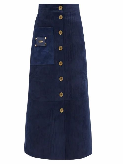 Fendi - A-line Patch-pocket Suede Midi Skirt - Womens - Blue