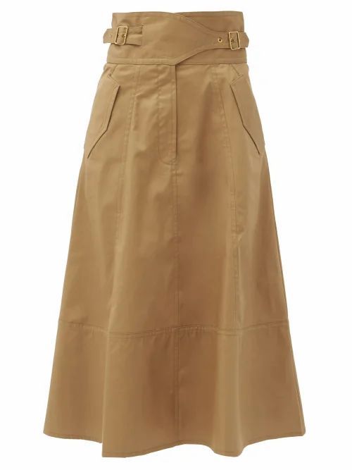 Zimmermann - Ladybeetle Buckled-waist Cotton-drill Midi Skirt - Womens - Khaki